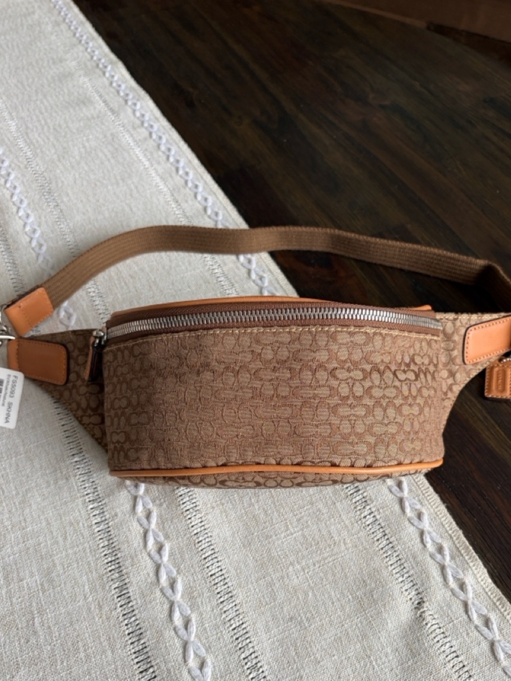 YTK Coach Brown Signature Canvas Belt Bag with Tan Leather Trim